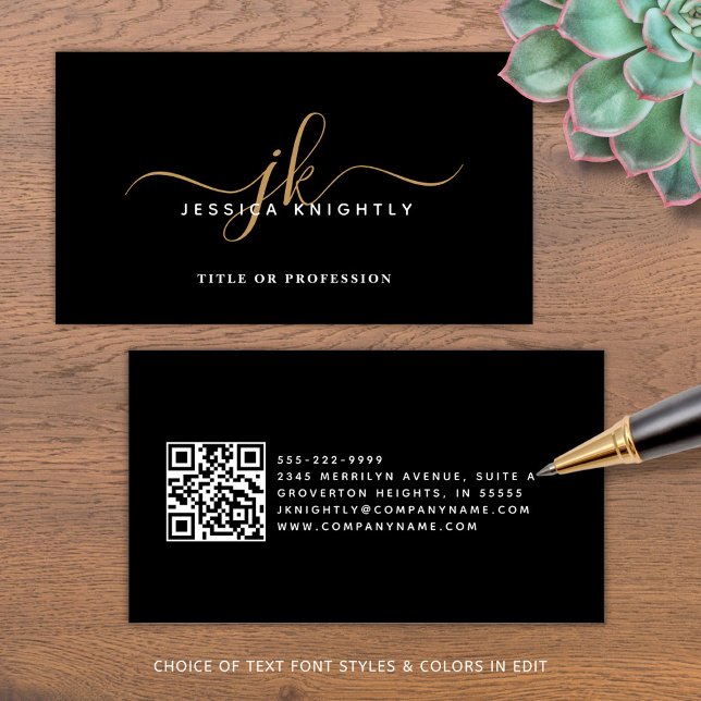 Elegant Black Monogram Script Initials QR Code Business Card (Creator Uploaded)