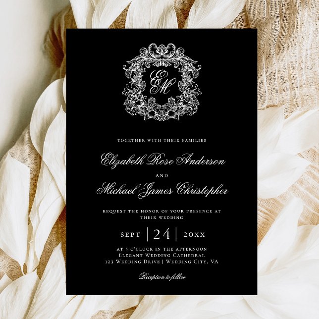 Elegant Black Monogram Wedding Crest Invitation (Creator Uploaded)