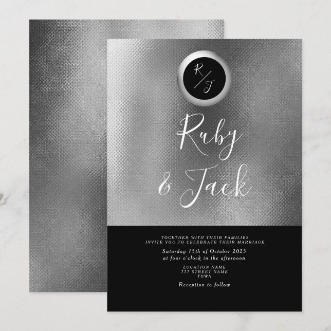 Elegant Black Monogram Wedding Invitation (Front/Back)