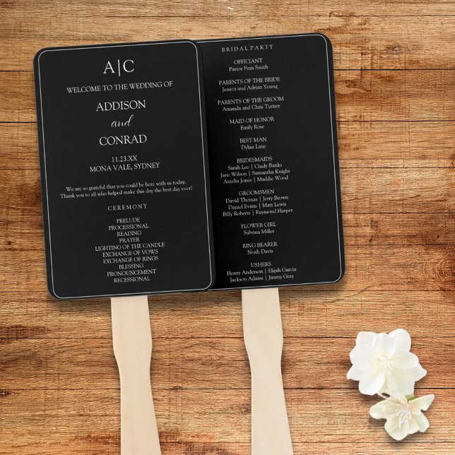 Elegant Black Monogram Wedding Program Hand Fan (Creator Uploaded)