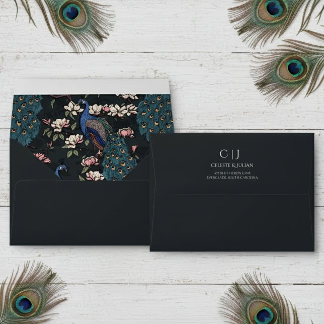 Elegant Black Monogrammed Peacock Return Address Envelope (Elegant Black Envelopes with Pretty Peacock & Magnolia Flower Pattern. Chic Modern Chinoiserie.)