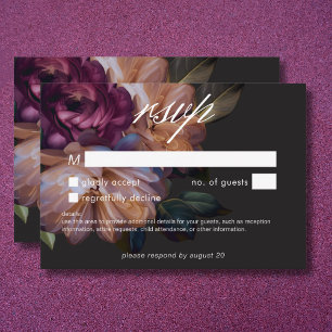 Elegant Black Moody Floral Wedding No Dinner RSVP Card