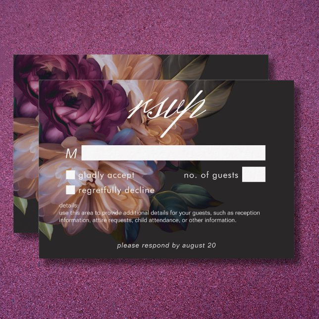 Elegant Black Moody Floral Wedding No Dinner RSVP Card (Elegant Black Moody Floral Wedding No Dinner RSVP Card)