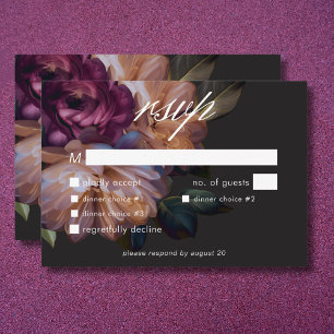 Elegant Black Moody Floral Wedding Three Dinner RSVP Card