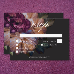Elegant Black Moody Floral Wedding Three Dinner RSVP Card