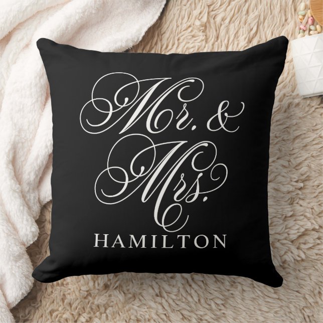 Elegant Black Mr and Mrs Script Wedding Cushion (Blanket)