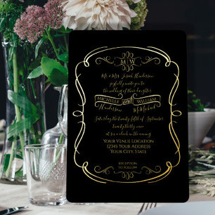 Elegant Black n Gold Foil Vintage Scrolls Wedding