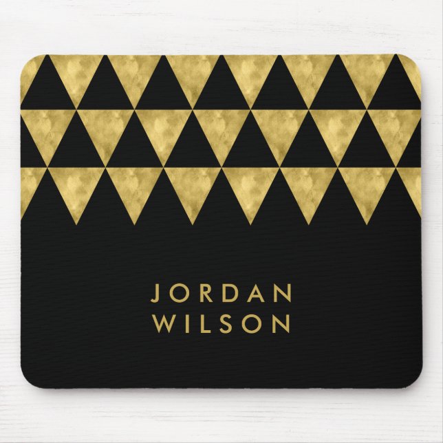 Elegant Black Name Faux Gold Triangle Pattern Mouse Mat (Front)