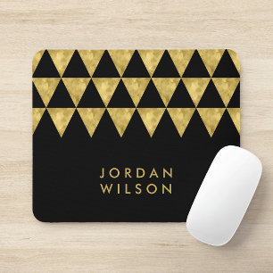 Elegant Black Name Faux Gold Triangle Pattern Mouse Mat