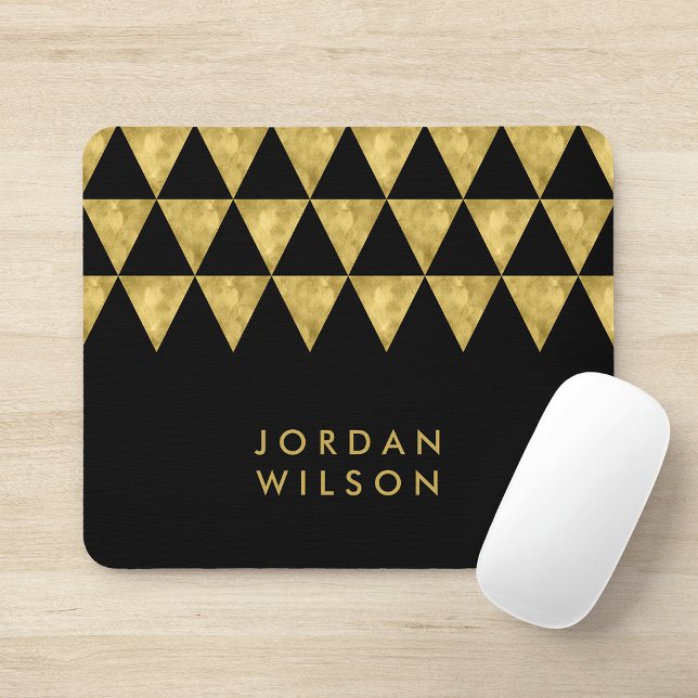 Elegant Black Name Faux Gold Triangle Pattern Mouse Mat (Creator Uploaded)
