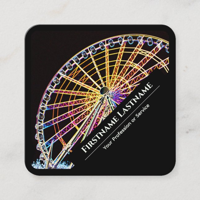 Elegant black neon style ferris wheel yellow light square business card (Front)