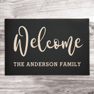 Elegant black neutral or family name welcome doorm doormat