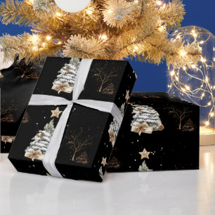 Elegant Black New Year Frosted Tree pine Wrapping Paper
