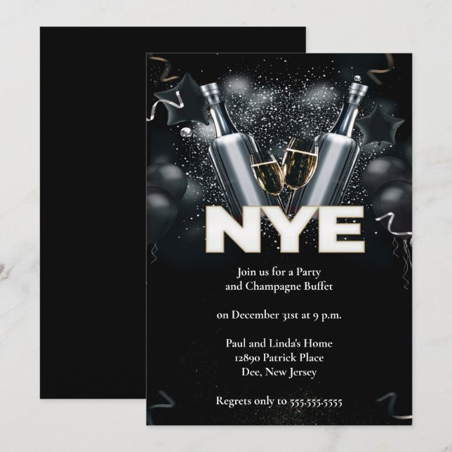 Elegant Black New Years Eve Party Invitation (Front/Back)
