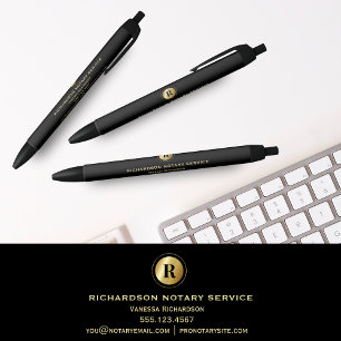 Elegant Black Notary Gold Monogram Promotional Black Ink Pen