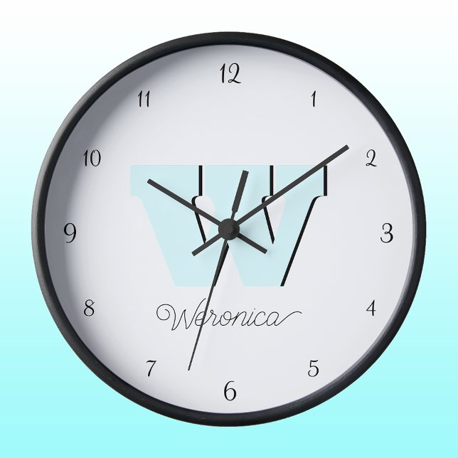 Elegant Black Numbers and Pastel Cyan Monogram  Square Wall Clock (Creator Uploaded)