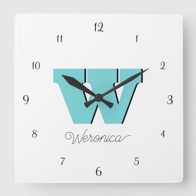 Elegant Black Numbers and Pastel Teal Monogram  Square Wall Clock (Front)