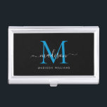 Elegant Black Ocean Blue Monogram Script Name Business Card Holder<br><div class="desc">Elegant Black Bright Ocean Blue Monogram Girly Script Name Business Card Case</div>