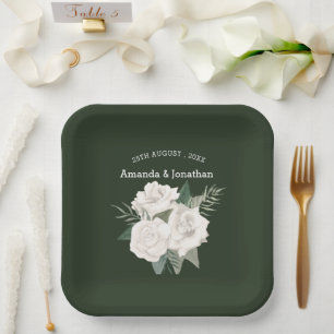 Elegant Black Olive Green and White Roses Wedding  Paper Plate