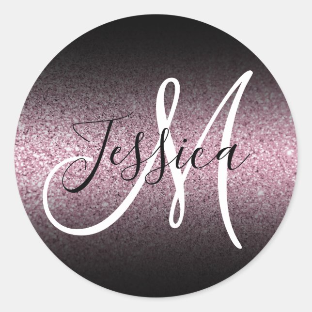 Elegant Black Ombre Faux Pink Glitter Monogram Classic Round Sticker (Front)
