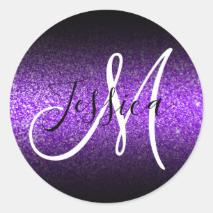 Elegant Black Ombre Faux Violet Glitter Monogram Classic Round Sticker