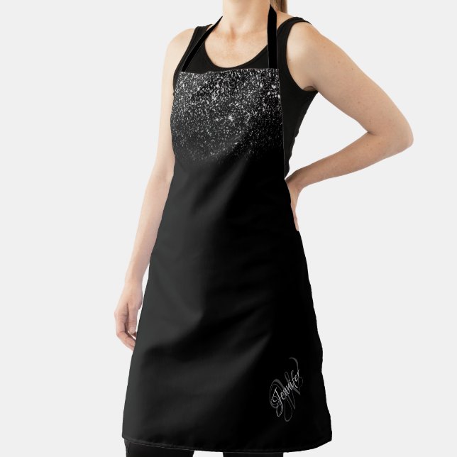 Elegant Black Ombre Glitter Script Name Monogram Apron (Insitu)
