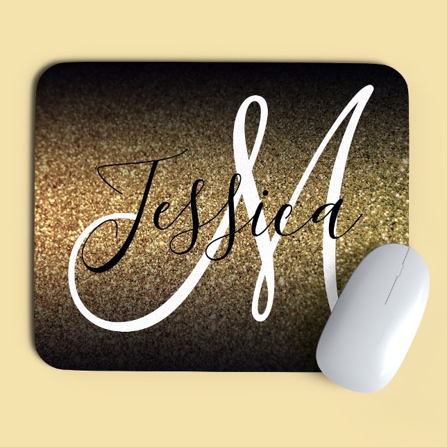Elegant Black Ombre Gold Glitter Monogram Mouse Mat (Creator Uploaded)