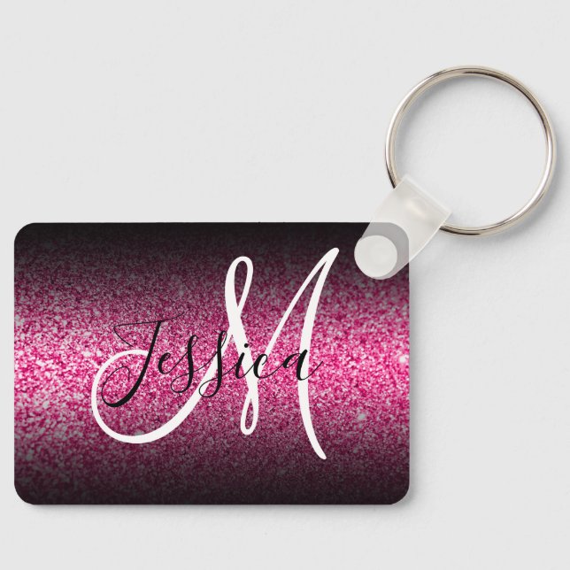 Elegant Black Ombre Hot Pink Faux Glitter Monogram Key Ring (Front)