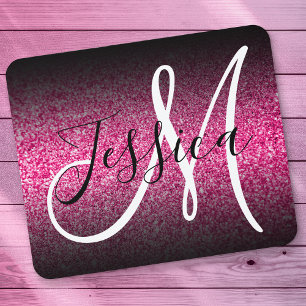 Elegant Black Ombre Hot Pink Glitter Monogram Mouse Mat