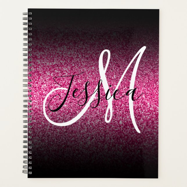Elegant Black Ombre Hot Pink Glitter Monogram Planner (Front)