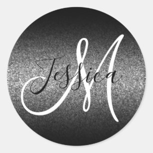 Elegant Black Ombre Silver Faux Glitter Monogram Classic Round Sticker