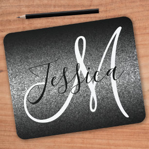 Elegant Black Ombre Silver Faux Glitter Monogram Mouse Mat