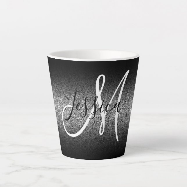 Elegant Black Ombre Silver Glitter Monogram Latte Mug (Front)