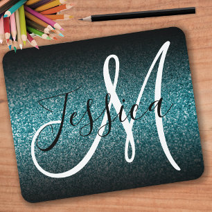 Elegant Black Ombre Teal Glitter Monogram Mouse Mat