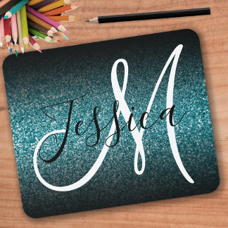 Elegant Black Ombre Teal Glitter Monogram Mouse Mat
