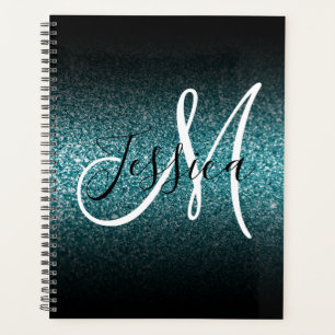 Elegant Black Ombre Teal Glitter Monogram Planner