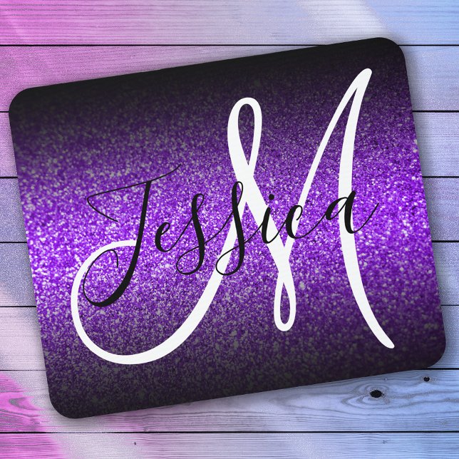 Elegant Black Ombre Violet Glitter Monogram Mouse Mat (Creator Uploaded)