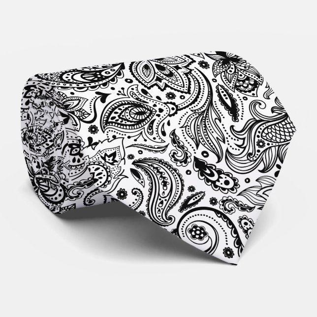 Elegant Black On White Floral Paisley Pattern Tie (Rolled)