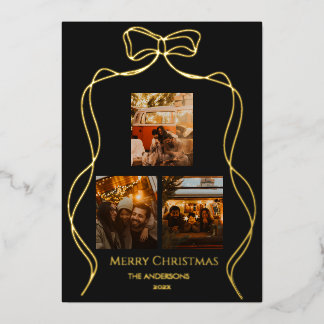 Elegant Black Onyx Rose Gold Foil 3 Photo Holiday Card