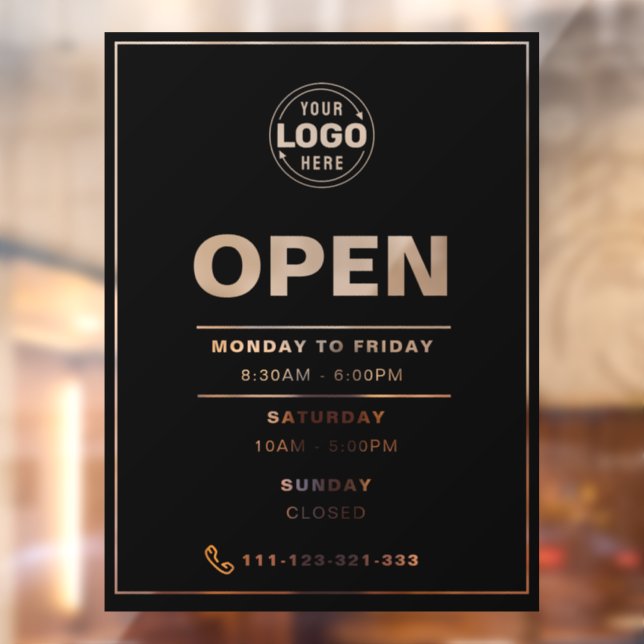 Elegant Black Opening Times with Logo Window Cling (Sheet 2)