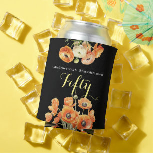 Elegant Black Orange Floral 50th Birthday Party Can Cooler