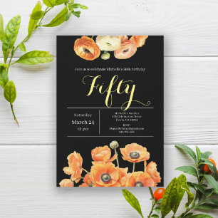 Elegant Black Orange Floral 50th Birthday Party Invitation