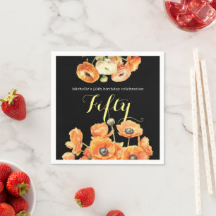 Elegant Black Orange Floral 50th Birthday Party Napkin