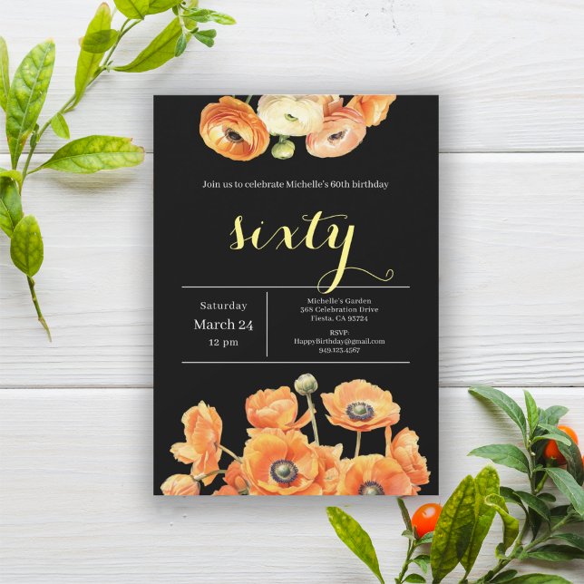 Elegant Black Orange Floral 60th Birthday Party Invitation (Creator Uploaded)