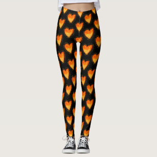 Elegant Black Orange Heart Valentines pattern Leggings