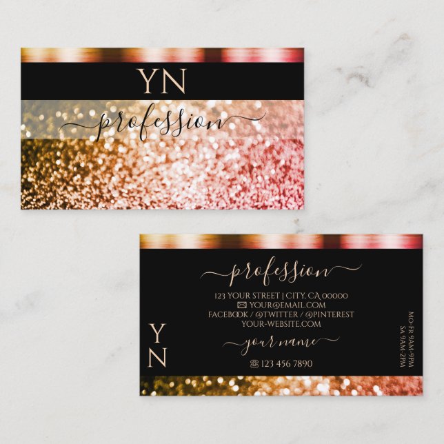Elegant Black Orange Pink Sparkle Glitter Monogram Business Card (Front/Back)