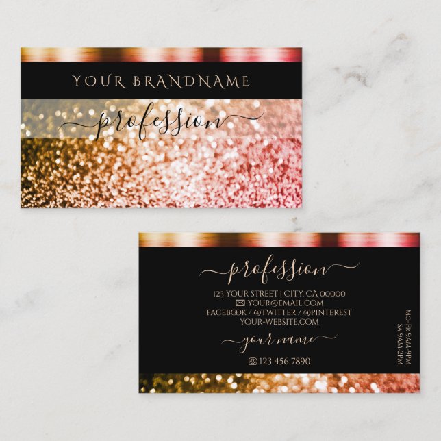 Elegant Black Orange Pink Sparkle Glitter Shimmery Business Card (Front/Back)