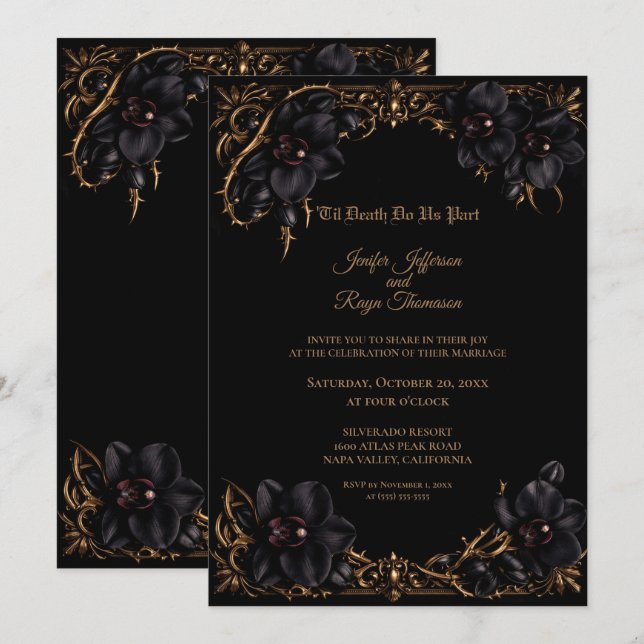 Elegant black Orchid Gothic wedding Invitation (Front/Back)