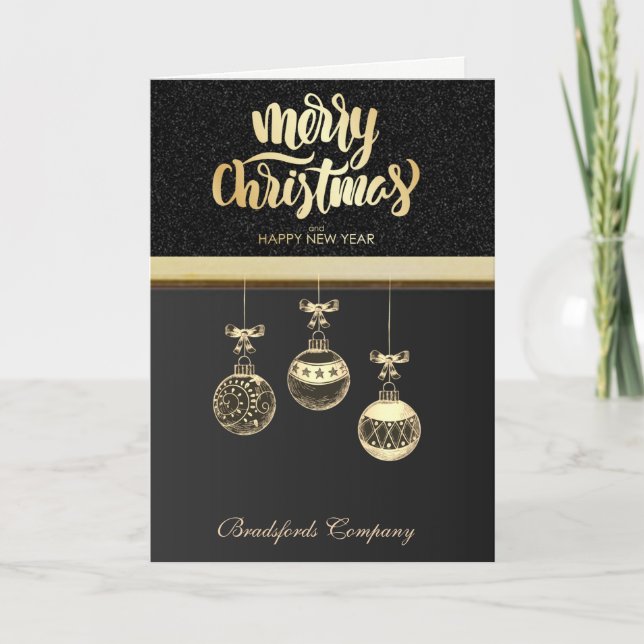 Elegant Black Ornaments,Balls Christmas Corporate Holiday Card (Front)