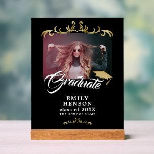 Elegant Black Ornaments Grad Graduation Photo Acrylic Sign